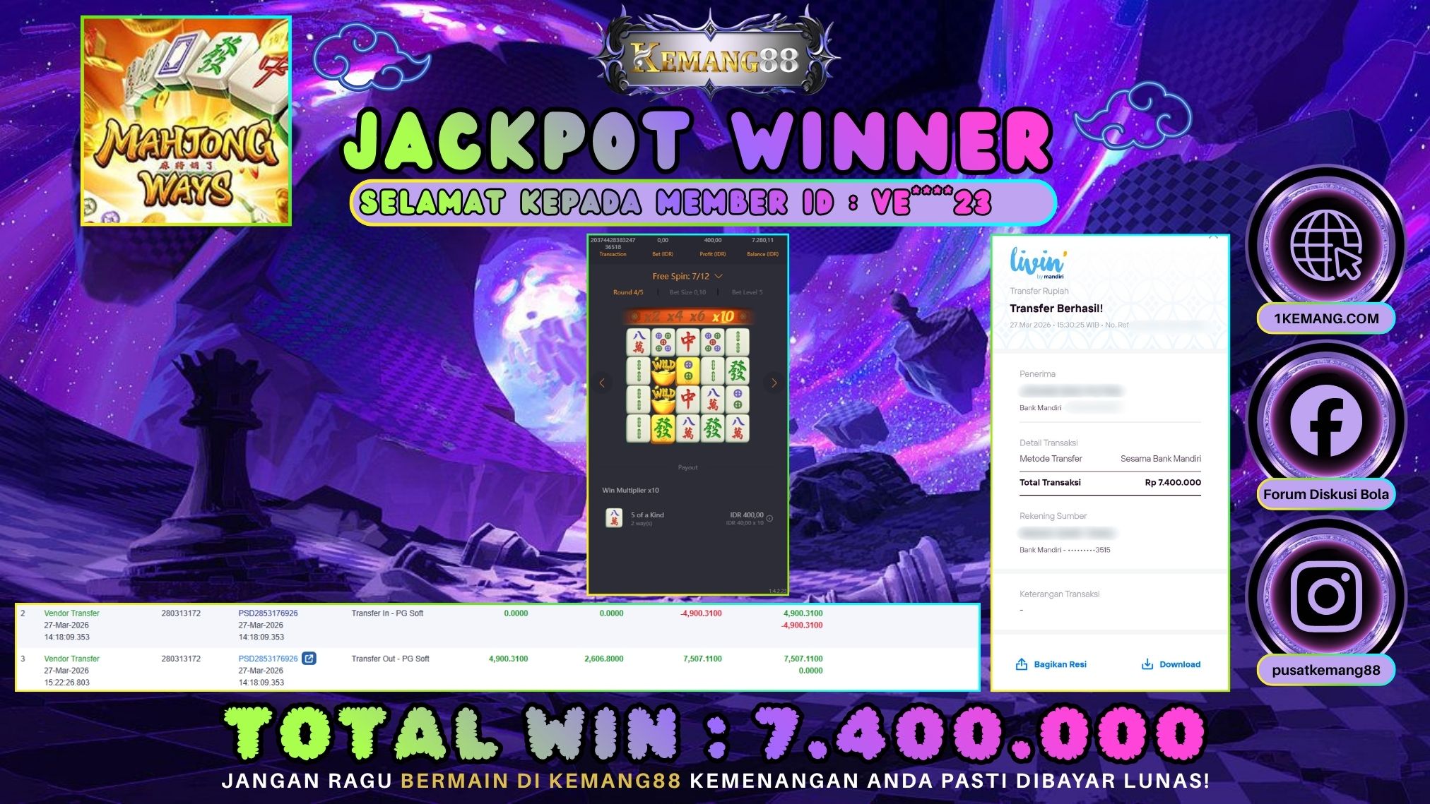 KEMANG88 [27 Maret 2026] : JACKPOT SLOT : MAHJONG WAYS 1 [PG] Rp. 7.400.000.,- LUNAS